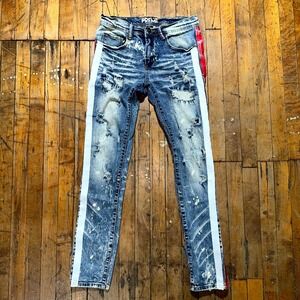 Preme Jeans Mens 30x32 Blue Denim Sided Tape Distressed Dirt Wash Stretch